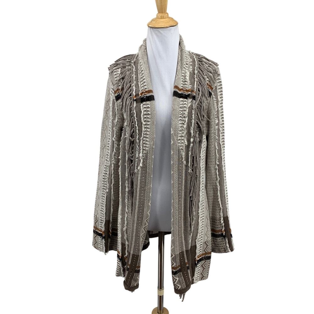 Nic+Zoe Cardigan Womens L Large Pewter White Southwestern Aztec Fringe Wrap